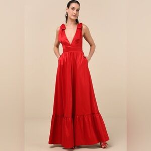 Lulus Red Taffeta Tie-Strap Maxi Dress With Pockets